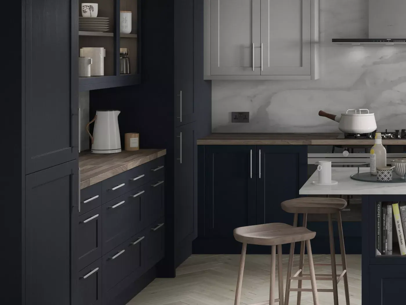 Modern dark grey kitchen with a timber worktop, island and built-in appliances