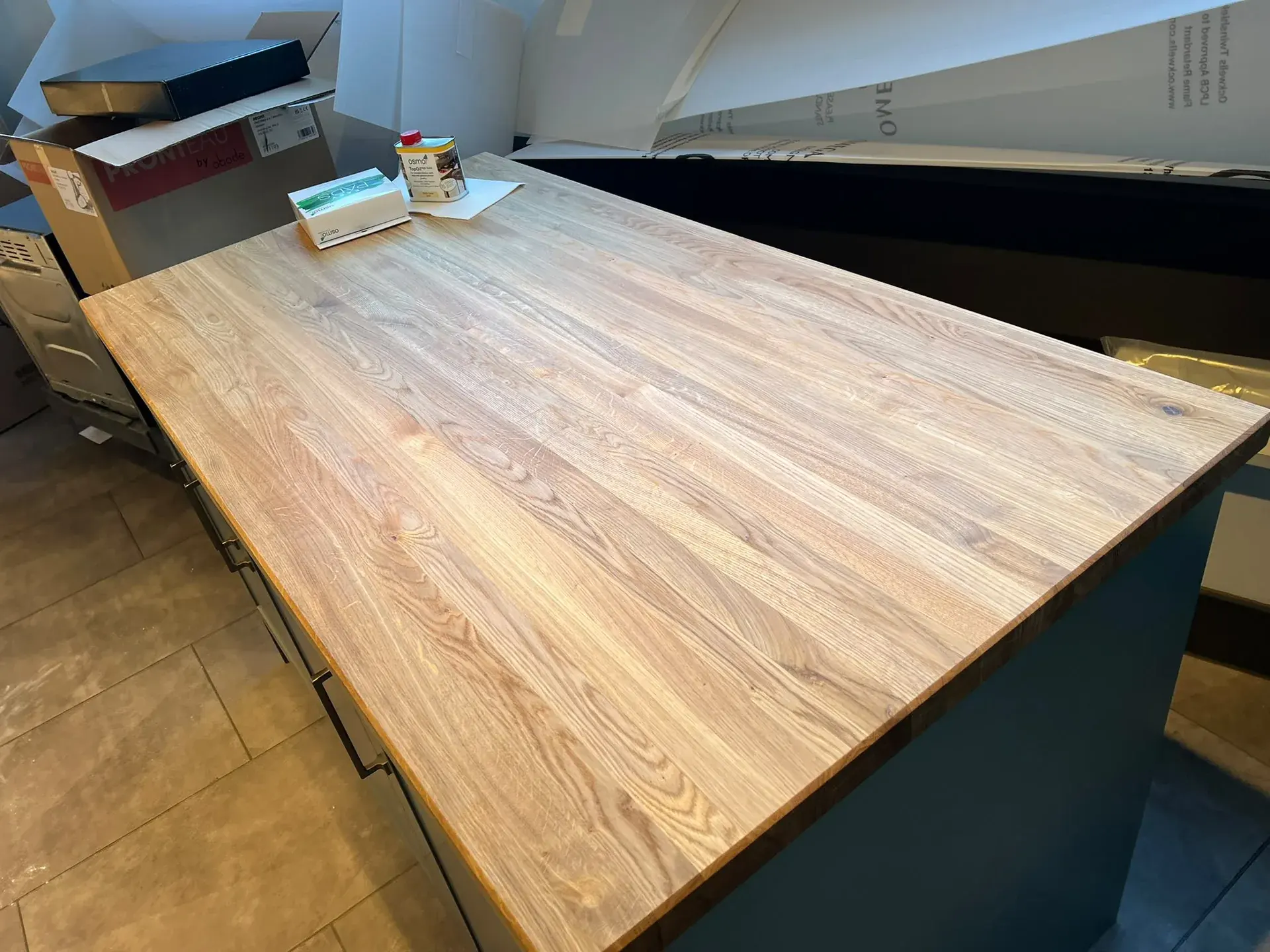 Timber island worktop with visible grain